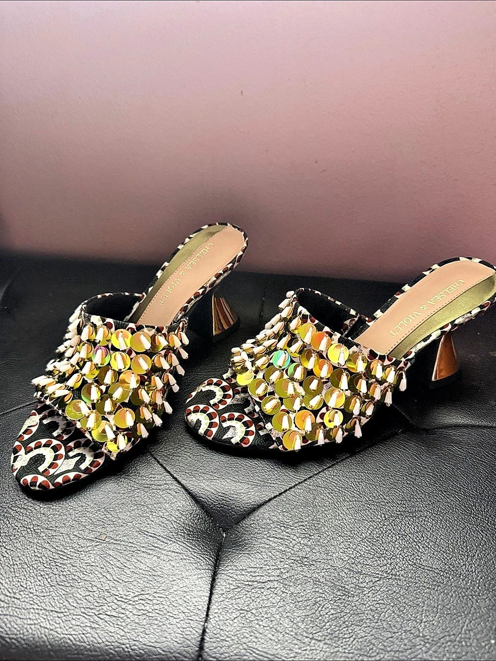 CHELSEA & VIOLET  Embellished Heeled Mules in Black & Gold Like New